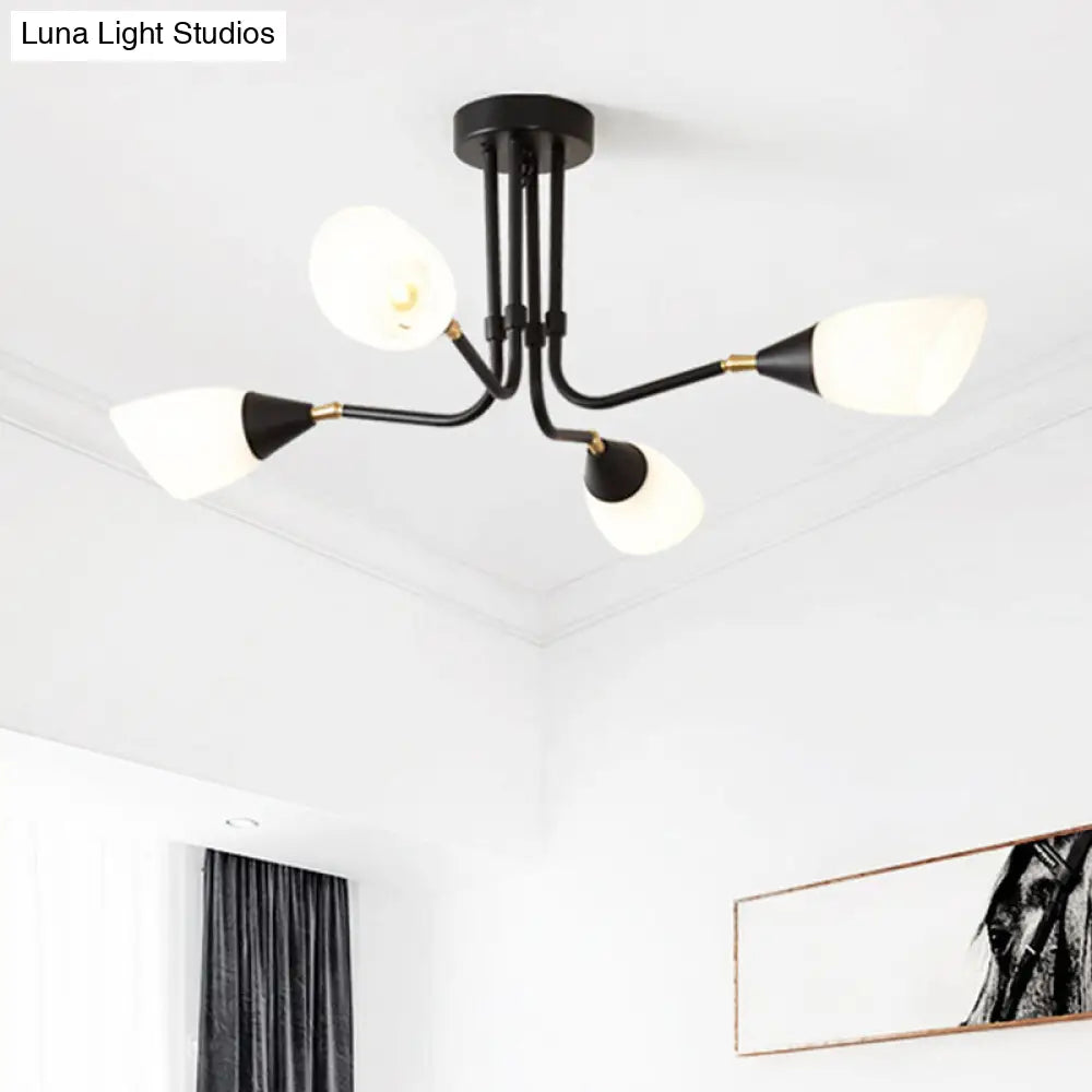 Modern 4/6/8 Bulbs Ceiling Chandelier - Black Flared Pendant Light With Milky Glass Shade