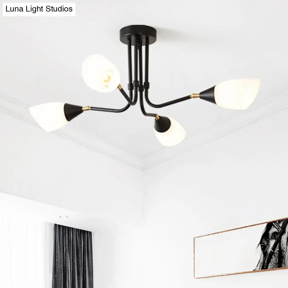 Modern Black Ceiling Chandelier With Flared Pendant Light And Milky Glass Shade - 4/6/8 Bulbs