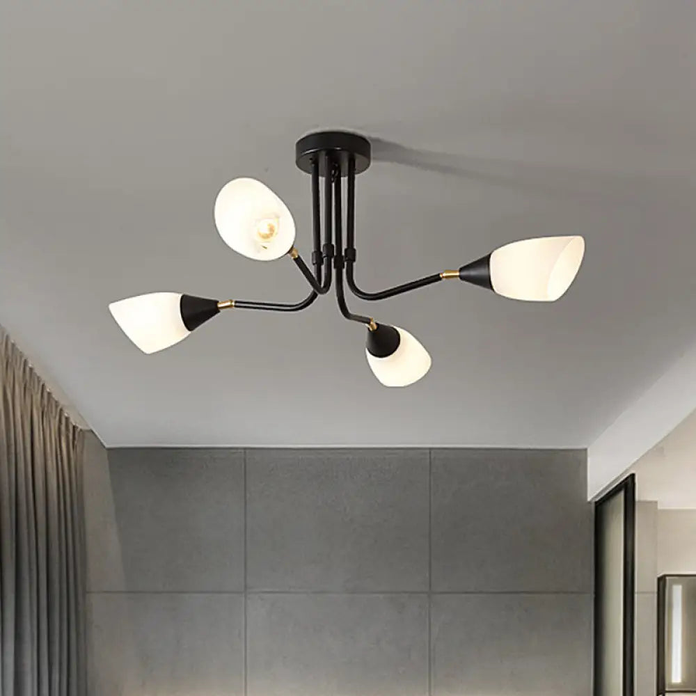 Modern Black Ceiling Chandelier With Flared Pendant Light And Milky Glass Shade - 4/6/8 Bulbs 4 /