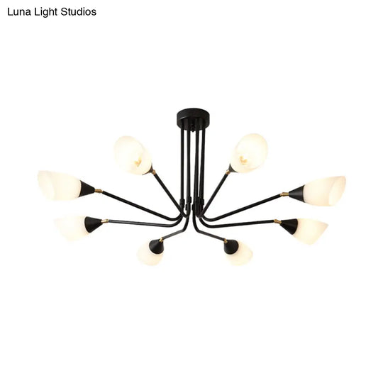 Modern Black Ceiling Chandelier With Flared Pendant Light And Milky Glass Shade - 4/6/8 Bulbs