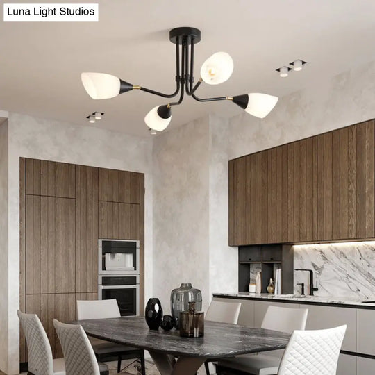 Modern Black Ceiling Chandelier With Flared Pendant Light And Milky Glass Shade - 4/6/8 Bulbs