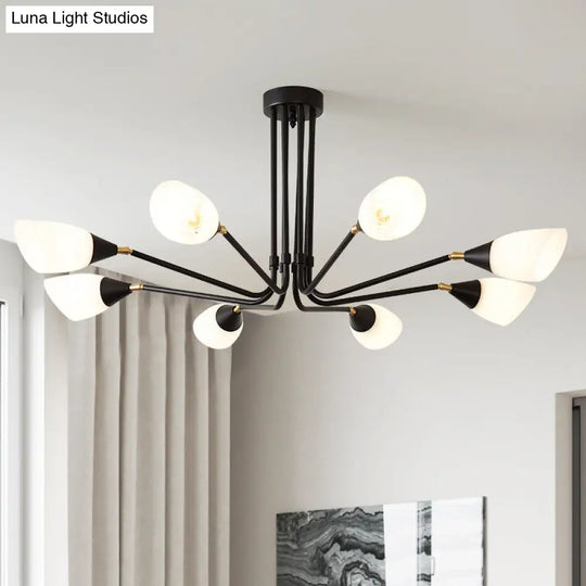 Modern 4/6/8 Bulbs Ceiling Chandelier - Black Flared Pendant Light With Milky Glass Shade