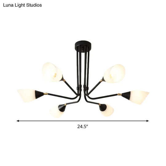 Modern Black Ceiling Chandelier With Flared Pendant Light And Milky Glass Shade - 4/6/8 Bulbs