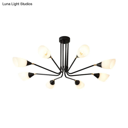 Modern 4/6/8 Bulbs Ceiling Chandelier - Black Flared Pendant Light With Milky Glass Shade