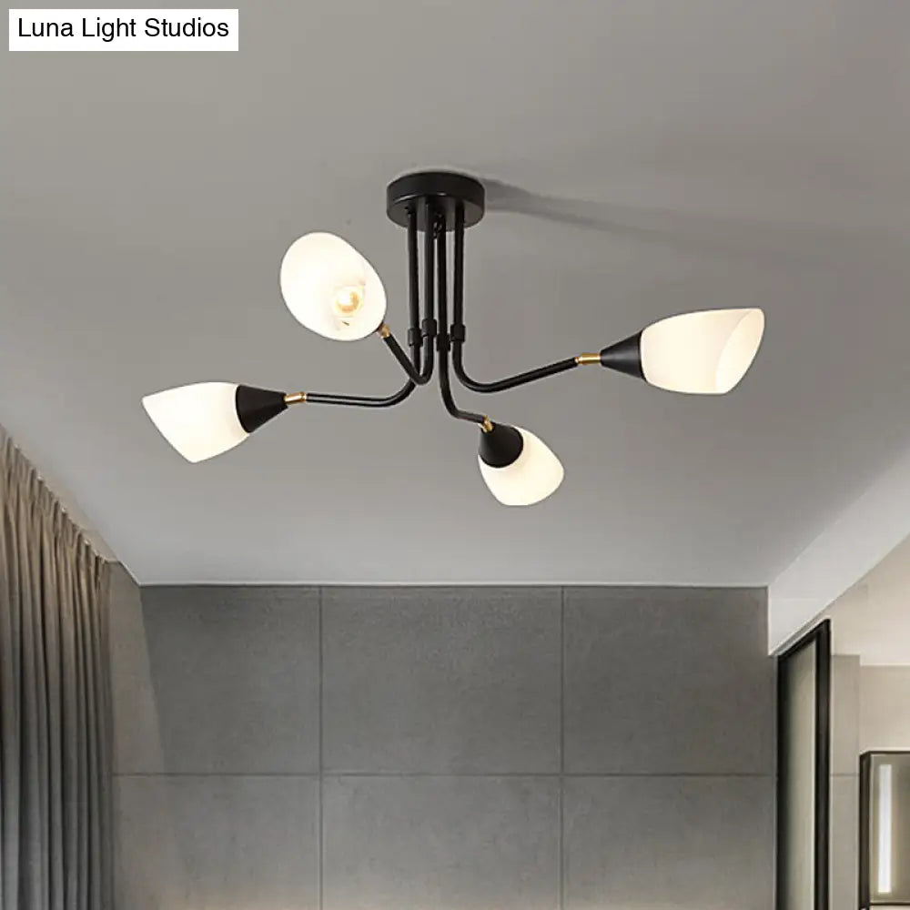 Modern 4/6/8 Bulbs Ceiling Chandelier - Black Flared Pendant Light With Milky Glass Shade 4 /