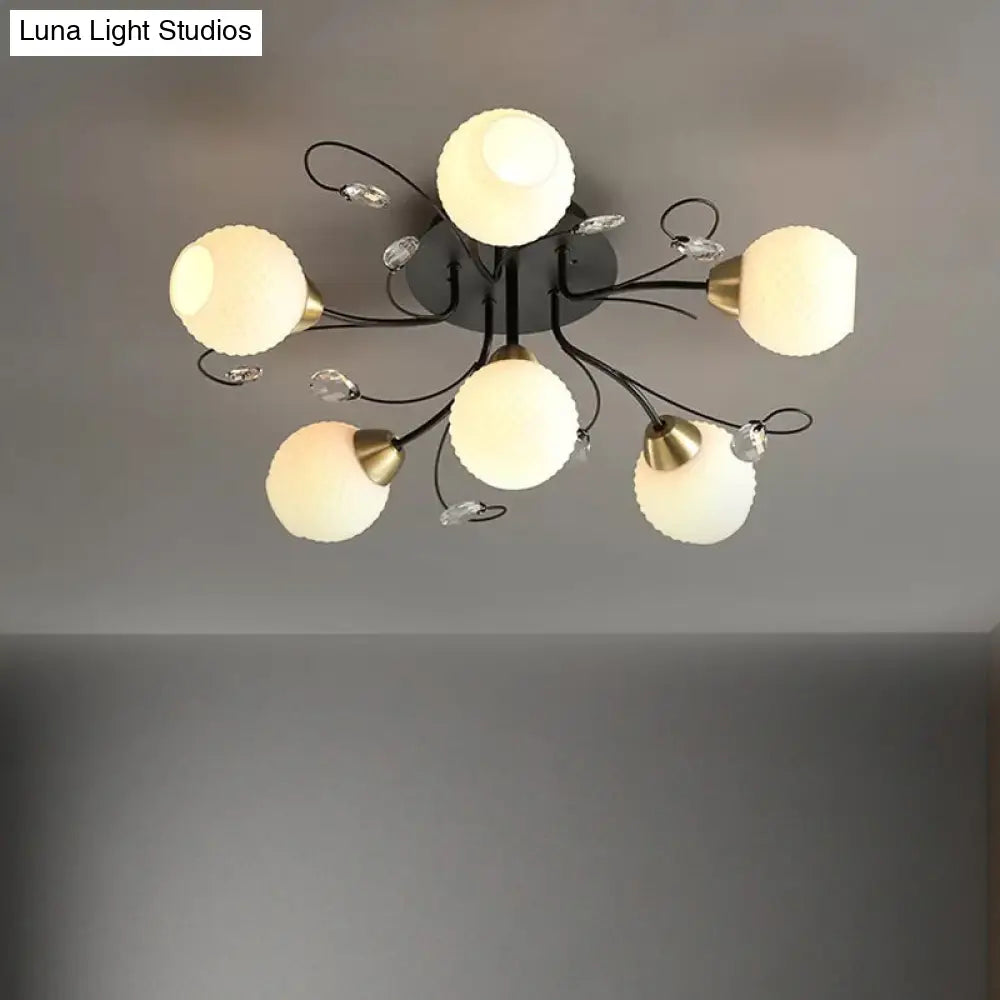 Modern Black Ceiling Light With Opal Glass Shade - 6 Head Semi-Flush Mount For Living Room