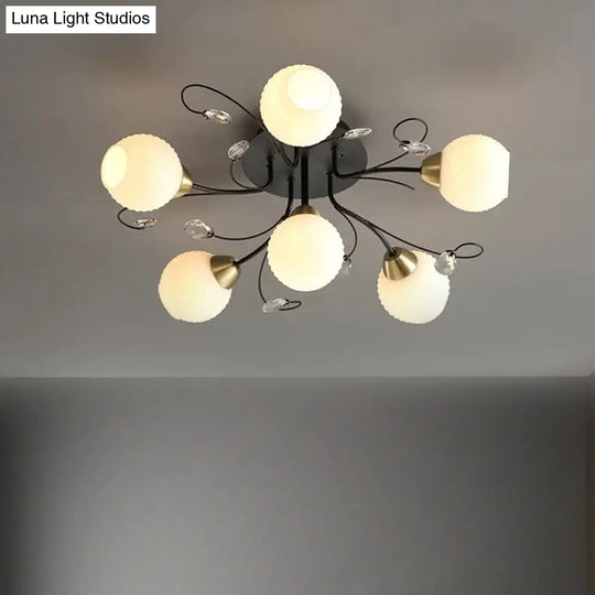 Modern Black Ceiling Light With Opal Glass Shade - 6 Head Semi-Flush Mount For Living Room