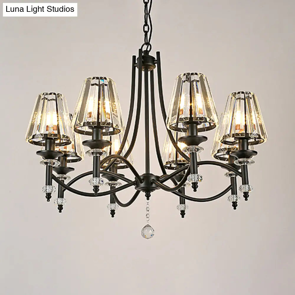 Modern Black Chandelier: 8-Head Hanging Light Fixture With Crystal Swirled Arms And Glass Ball