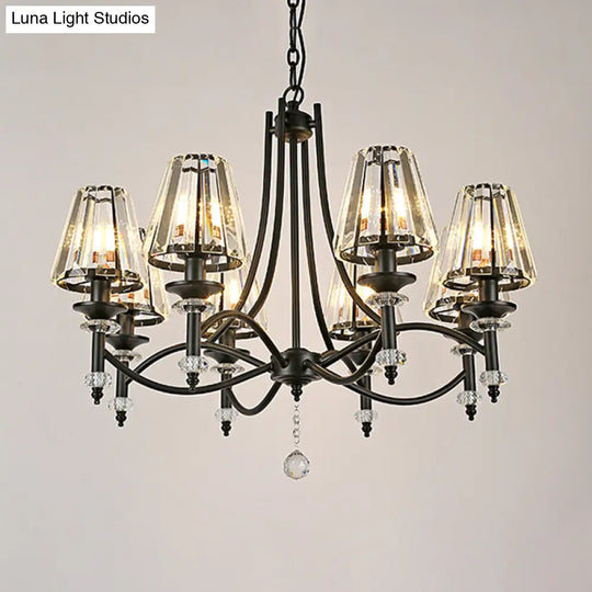 Modern Black Chandelier: 8-Head Hanging Light Fixture With Crystal Swirled Arms And Glass Ball