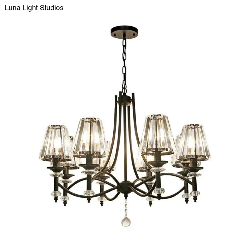 Black Swirled Arms Crystal Chandelier With Glass Ball: 8 Heads Hanging Light Fixture