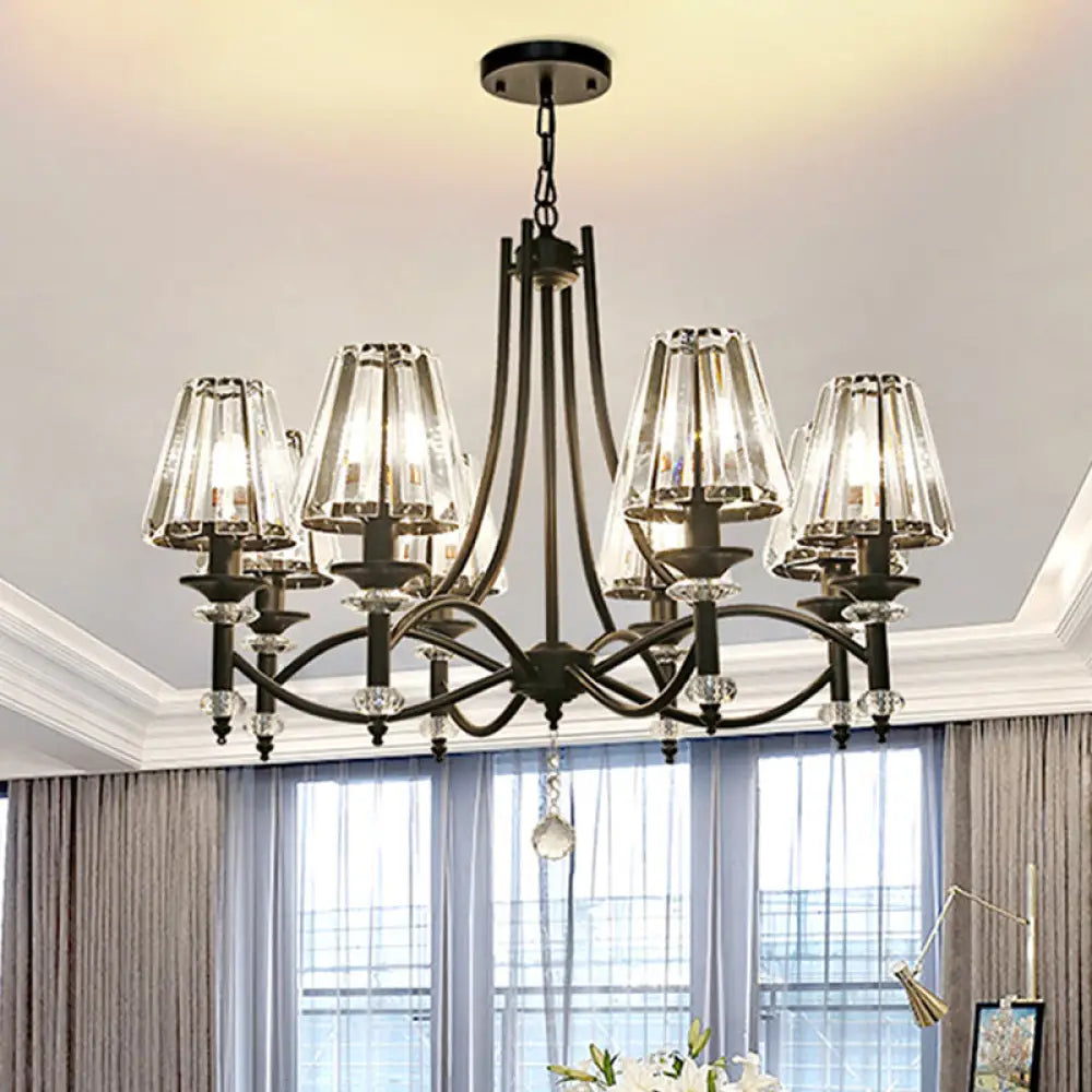 Modern Black Chandelier: 8-Head Hanging Light Fixture With Crystal Swirled Arms And Glass Ball