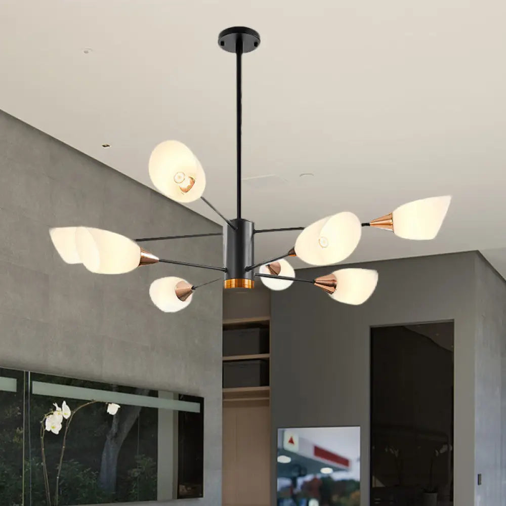 Modern Black Chandelier - 8 Heads Living Room Pendant Light Fixture With Floral Glass Shade