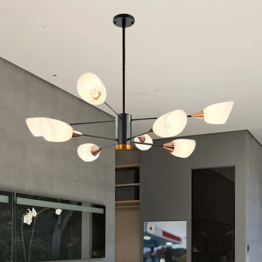 Modern Black Chandelier - 8 Heads Living Room Pendant Light Fixture With Floral Glass Shade