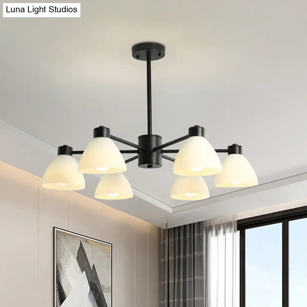 Modern Black Chandelier Lamp - 6/8/12-Head Dining Room Suspension Light With Dome White Glass Shade