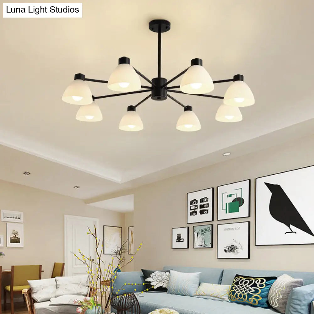 Modern Black Chandelier Lamp - 6/8/12-Head Dining Room Suspension Light With Dome White Glass Shade