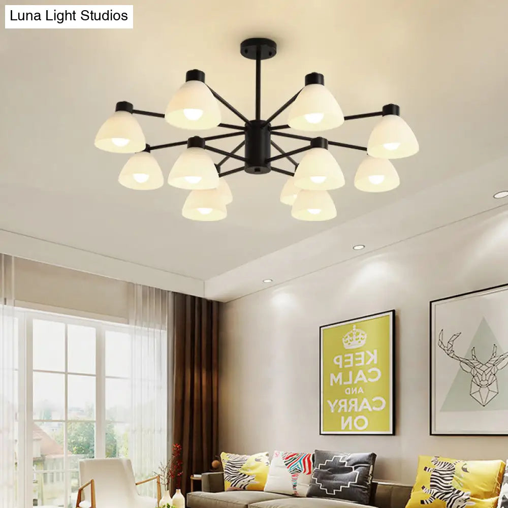 Modern Black Chandelier Lamp - 6/8/12-Head Dining Room Suspension Light With Dome White Glass Shade