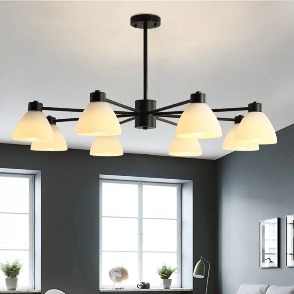 Modern Black Chandelier Lamp - 6/8/12-Head Dining Room Suspension Light With Dome White Glass Shade