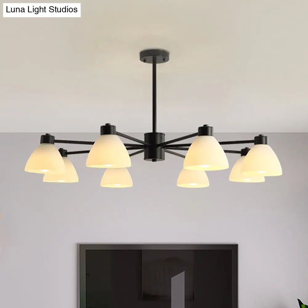 Modern Black Chandelier Lamp - 6/8/12-Head Dining Room Suspension Light With Dome White Glass Shade