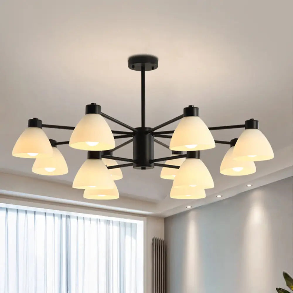 Modern Black Chandelier Lamp - 6/8/12-Head Dining Room Suspension Light With Dome White Glass Shade