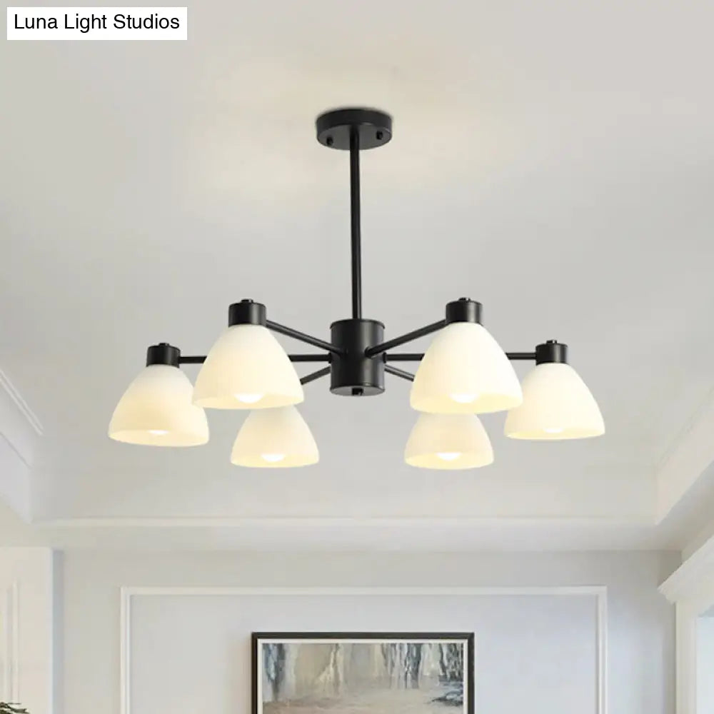 Modern Black Chandelier Lamp - 6/8/12-Head Dining Room Suspension Light With Dome White Glass Shade