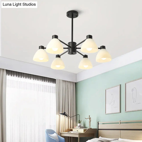 Modern Black Chandelier Lamp - 6/8/12-Head Dining Room Suspension Light With Dome White Glass Shade