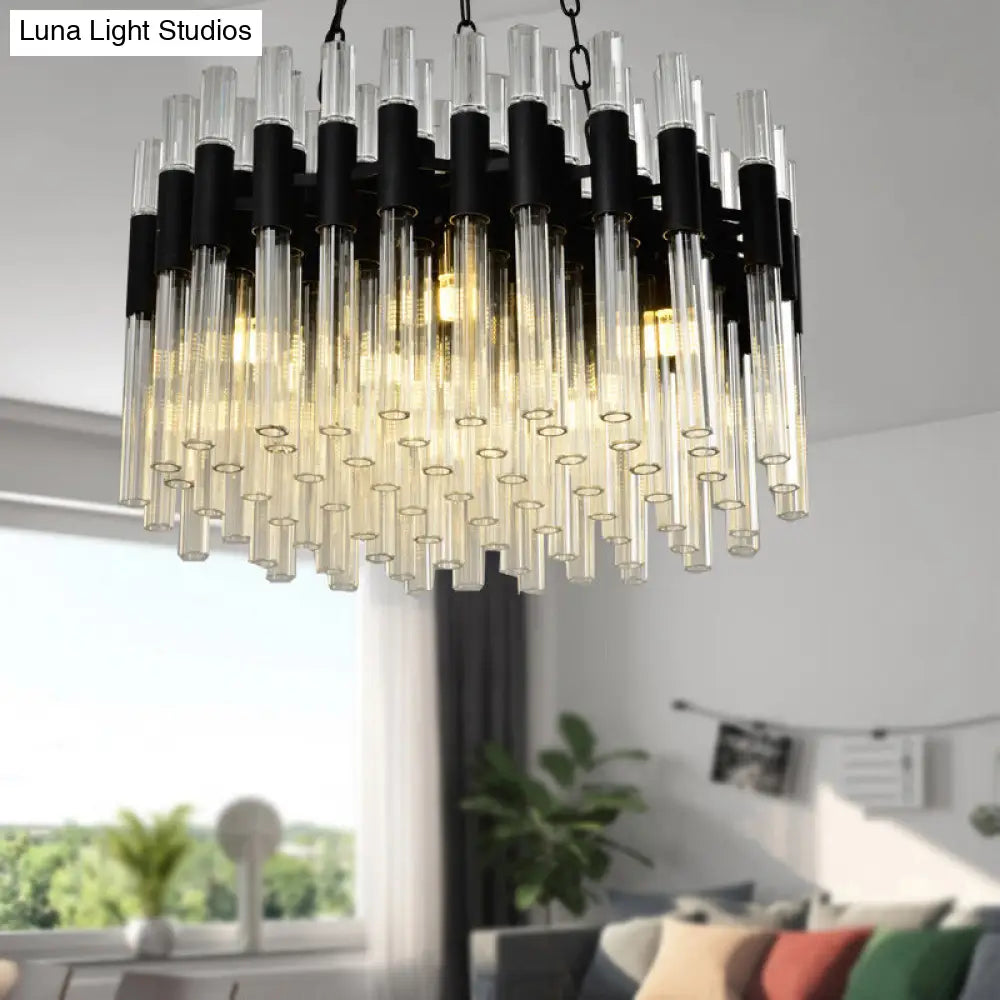 Modern Black Chandelier Light - 8-Light Hanging Lamp Kit With Crystal Drum Shade