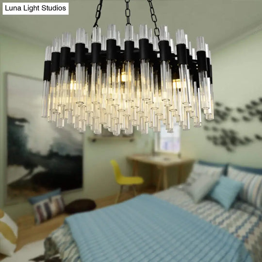 Modern Black Chandelier Light - 8-Light Hanging Lamp Kit With Crystal Drum Shade