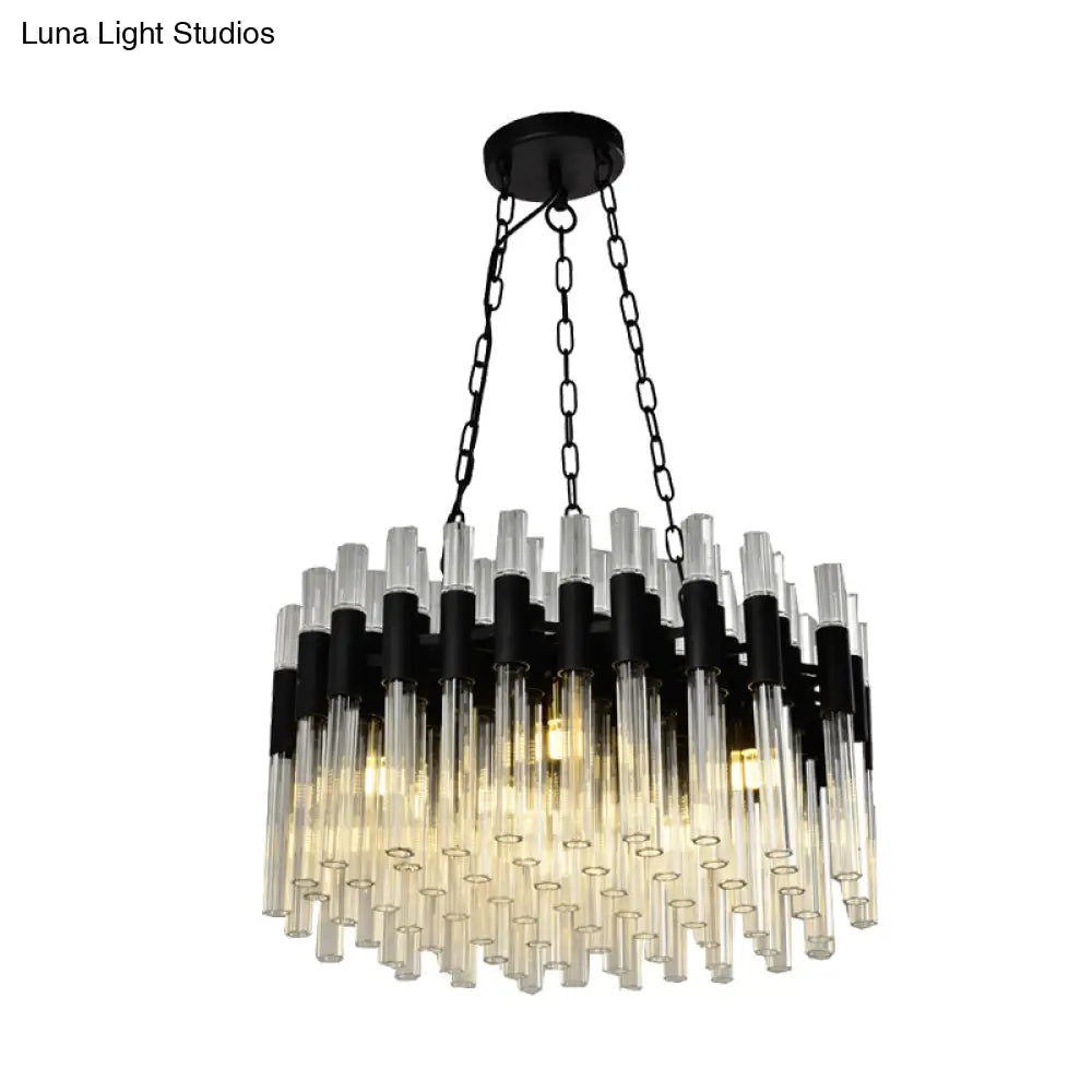 Modern Black Chandelier Light - 8-Light Hanging Lamp Kit With Crystal Drum Shade