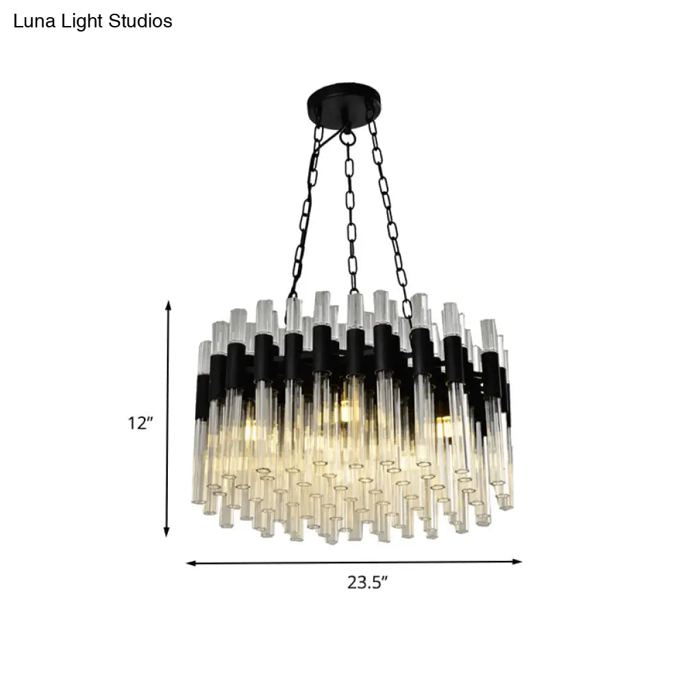 Modern Black Chandelier Light - 8-Light Hanging Lamp Kit With Crystal Drum Shade