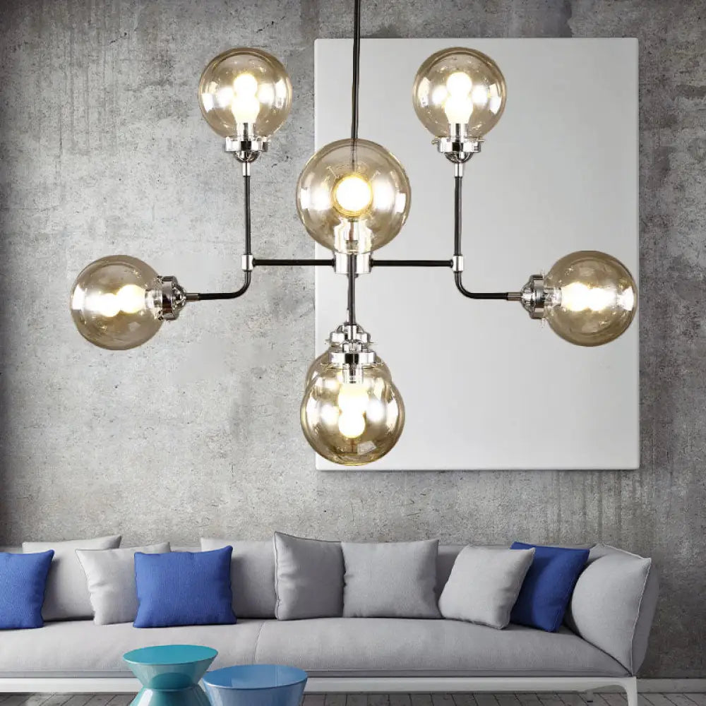 Modern Black Chrome Glass Globe Chandelier Pendant Light - Industrial Style 8/9 Lights For Living