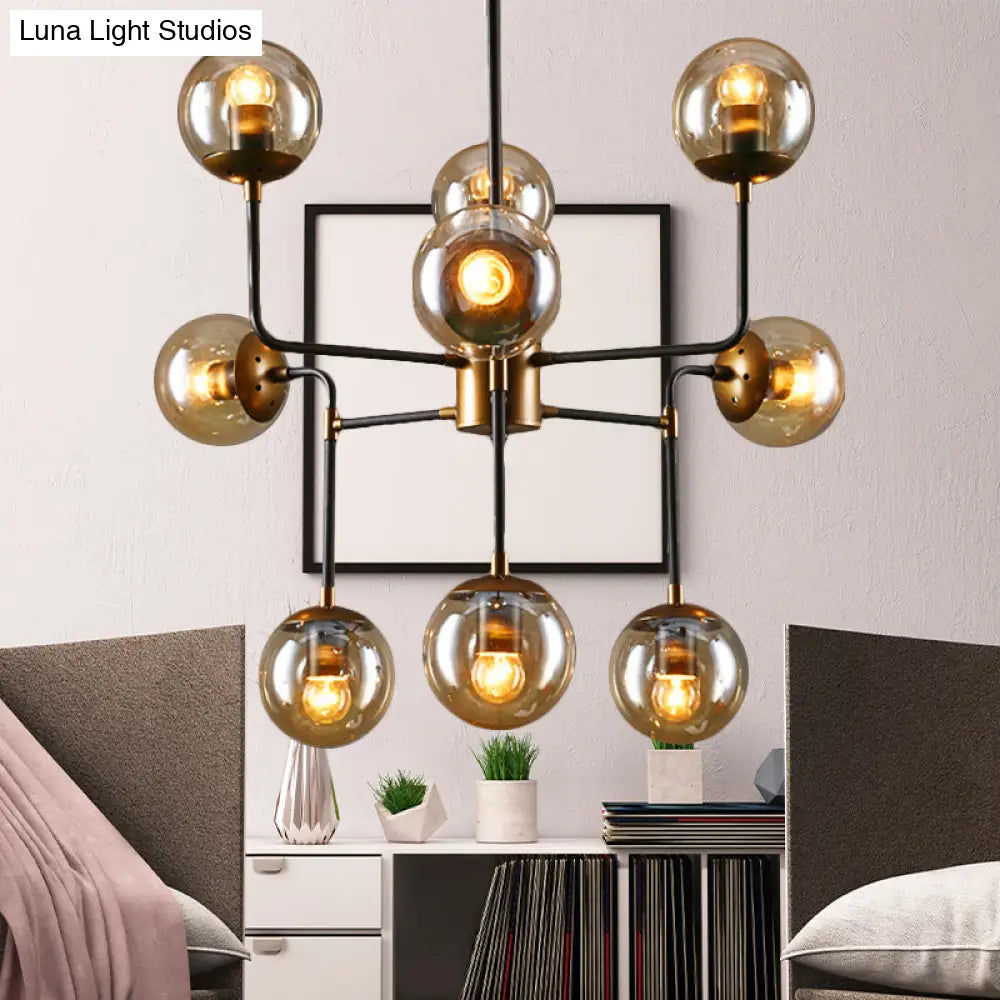 Modern Black Chrome Glass Globe Chandelier Pendant Light - Industrial Style 8/9 Lights For Living