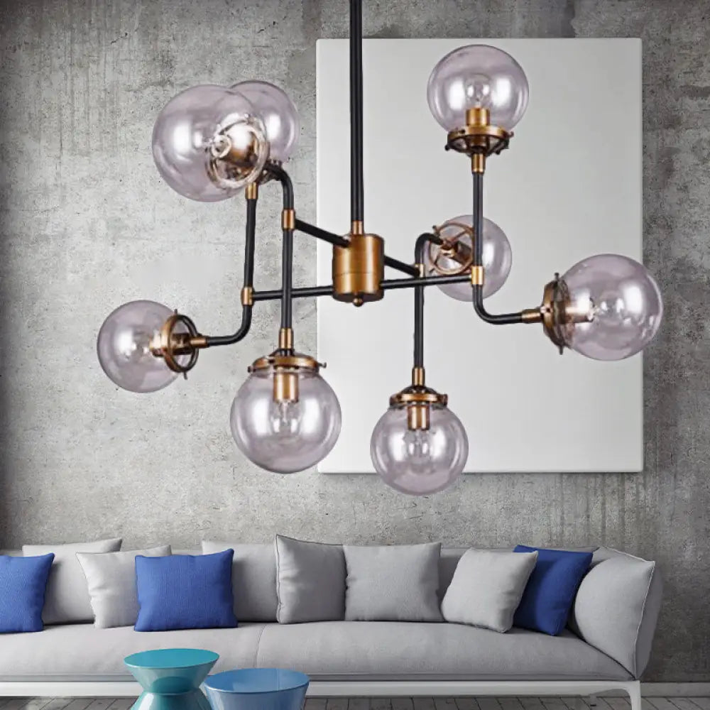 Modern Black Chrome Glass Globe Chandelier Pendant Light - Industrial Style 8/9 Lights For Living