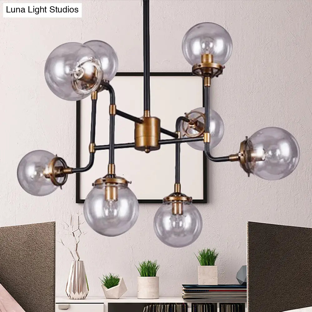 Industrial 8/9-Light Black/Chrome Clear Glass Globe Chandelier Pendant For Living Room