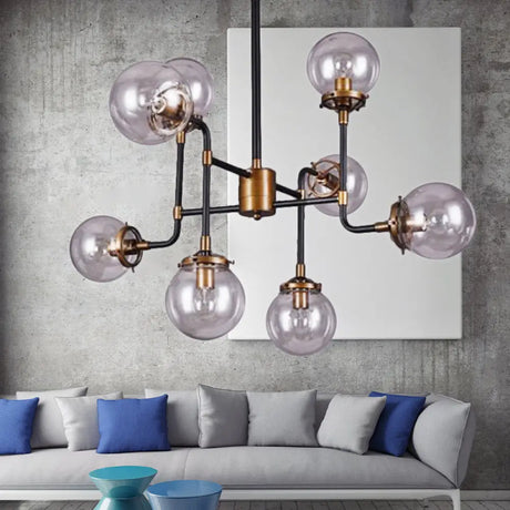 Modern Black Chrome Glass Globe Chandelier Pendant Light - Industrial Style 8/9 Lights For Living