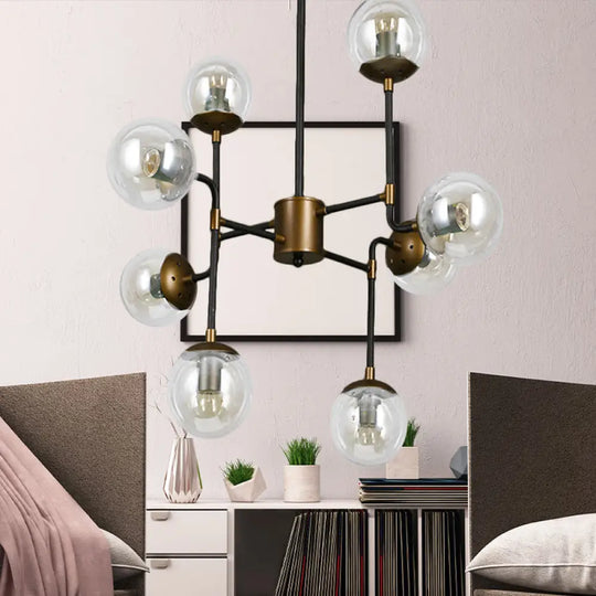 Modern Black Chrome Glass Globe Chandelier Pendant Light - Industrial Style 8/9 Lights For Living