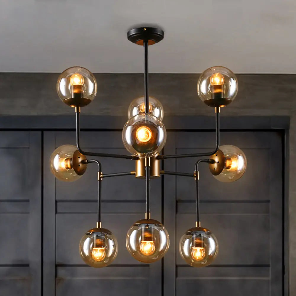 Modern Black Chrome Glass Globe Chandelier Pendant Light - Industrial Style 8/9 Lights For Living