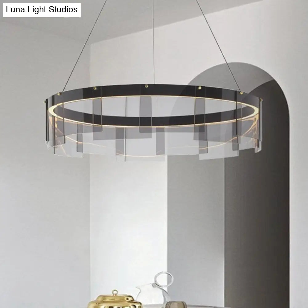 Modernist Smoky Grey Glass Led Pendant Light With Black Circle Design