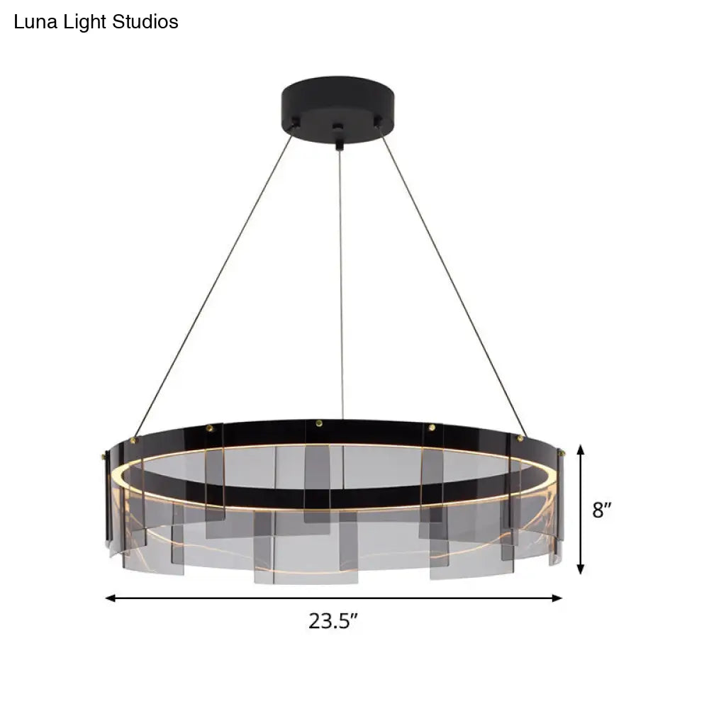 Modernist Smoky Grey Glass Led Pendant Light With Black Circle Design