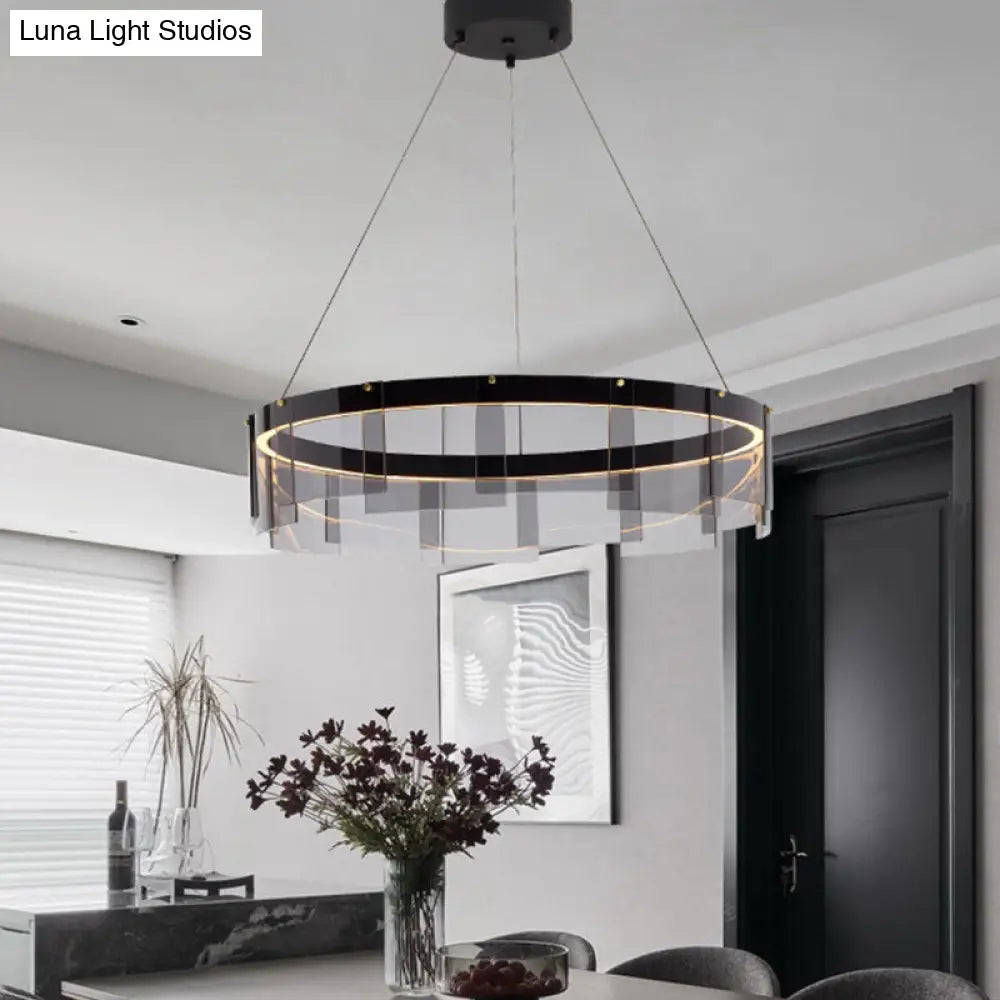 Modernist Smoky Grey Glass Led Pendant Light With Black Circle Design