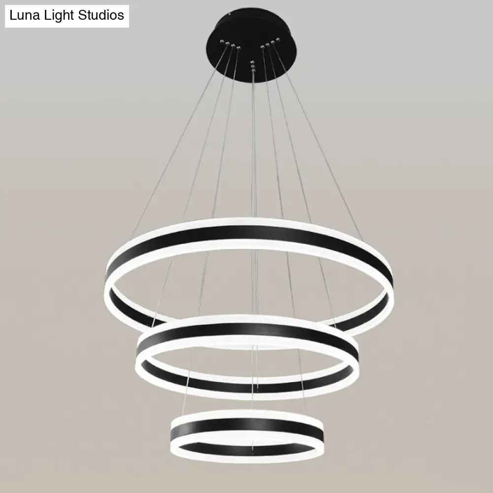 Sleek Black Circular Chandelier - 3-Light Acrylic Led Suspension Pendant For Dining Table