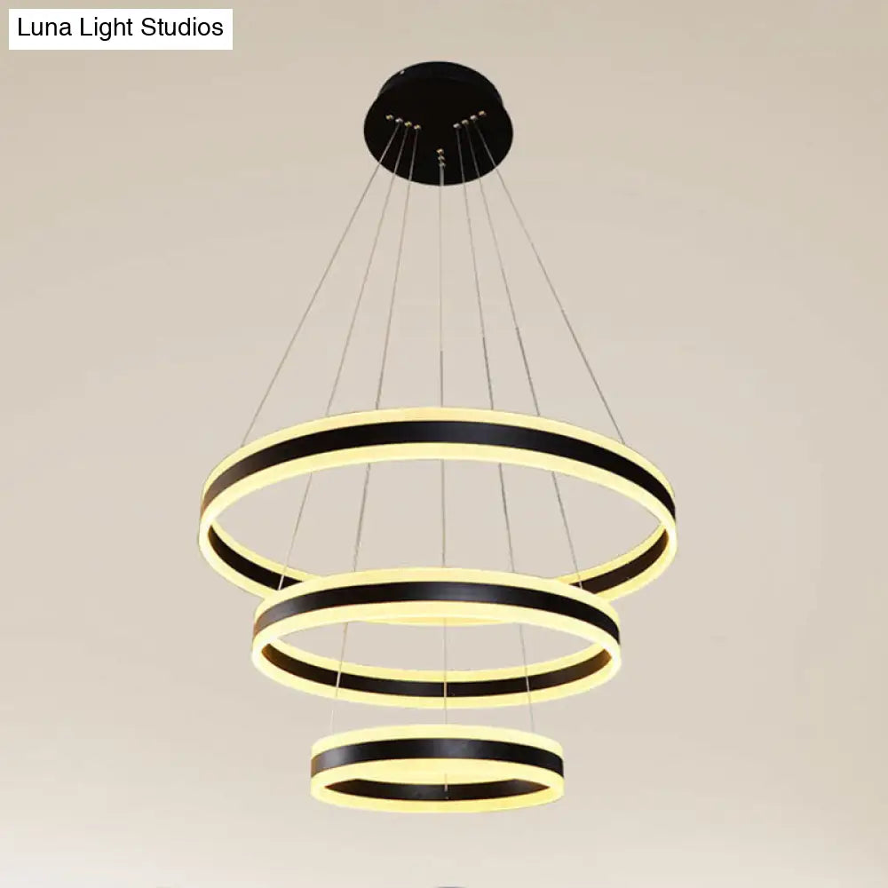 Modern Black Circular Chandelier - Simple 3-Light Acrylic Led Pendant For Dining Table