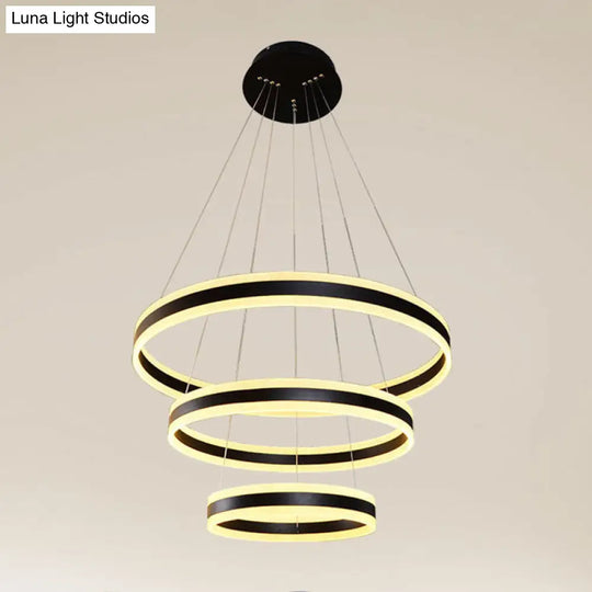 Modern Black Circular Chandelier - Simple 3-Light Acrylic Led Pendant For Dining Table