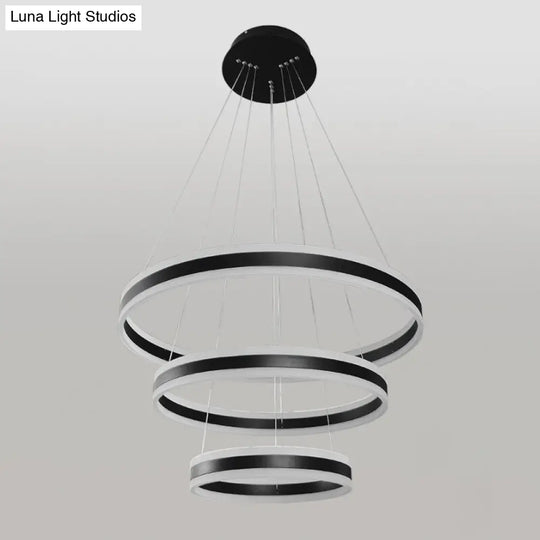 Sleek Black Circular Chandelier - 3-Light Acrylic Led Suspension Pendant For Dining Table