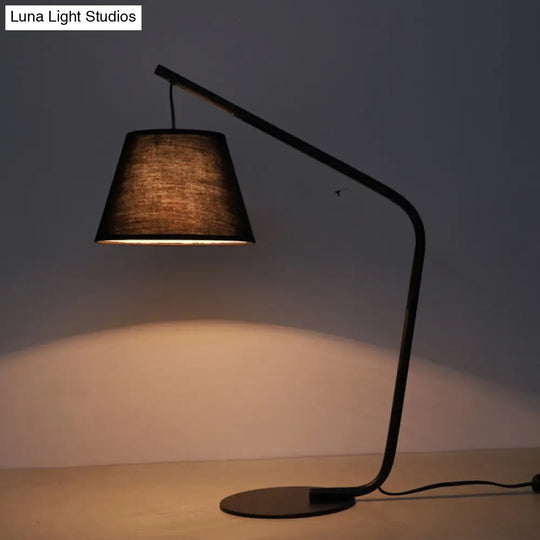 Modern Black Conical Fabric Table Lamp With Curved Arm For Bedroom