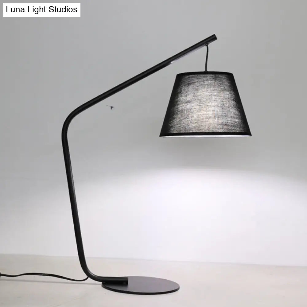 Modern Black Conical Fabric Table Lamp With Curved Arm For Bedroom