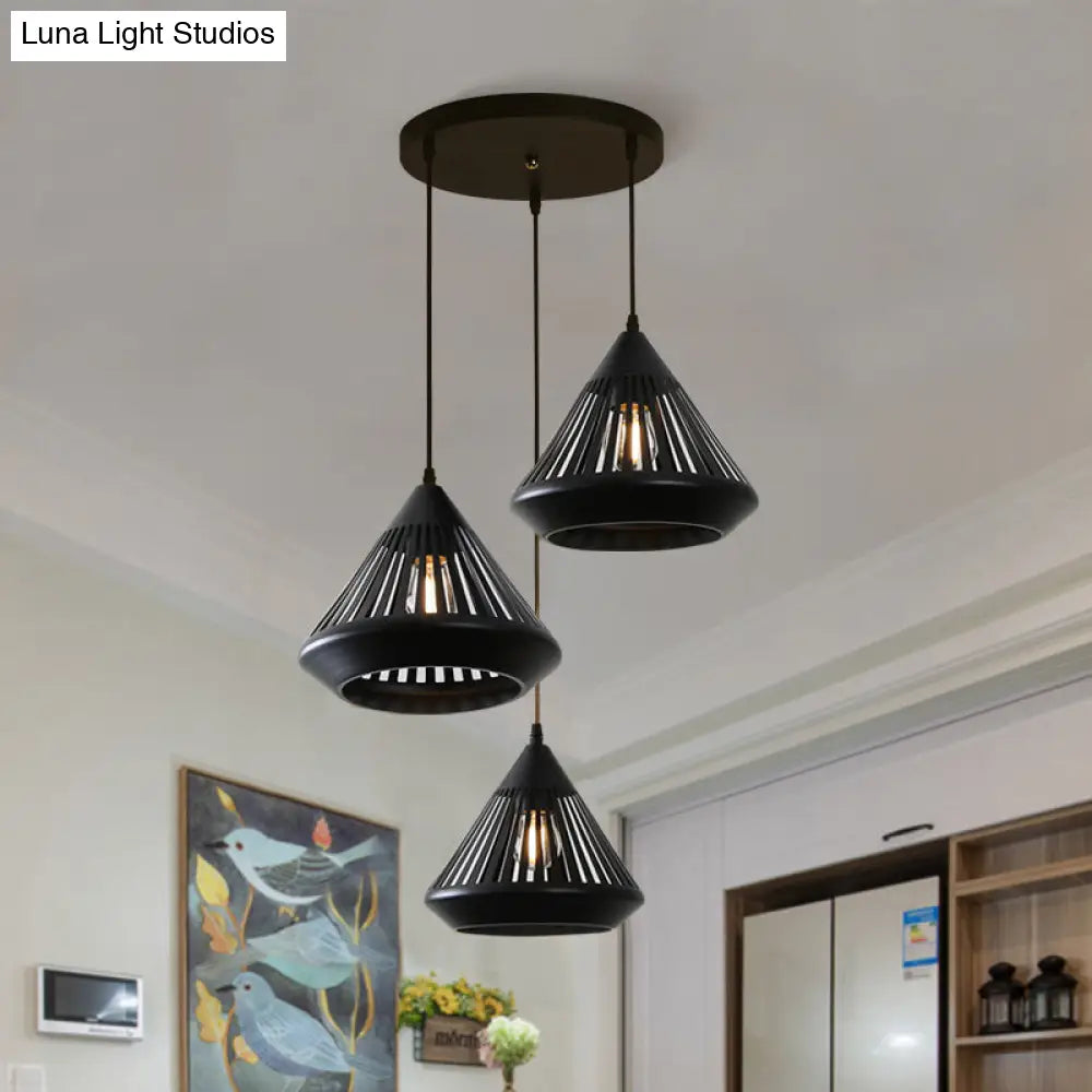 Modern Black Conical Ceiling Pendant Light - 3 Lights Suspended For Dining Room / Round