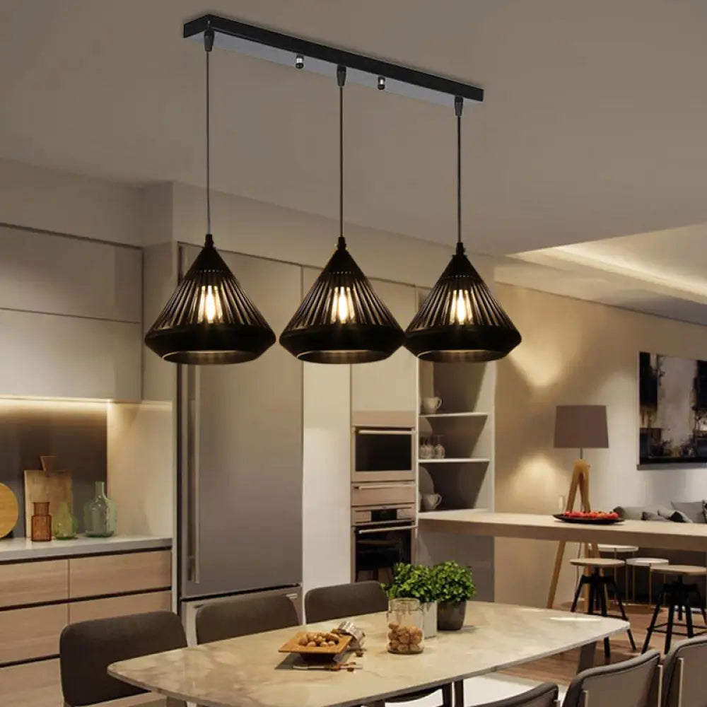 Modern Black Conical Pendant Light With 3 Suspension Lights For Dining Room / Linear