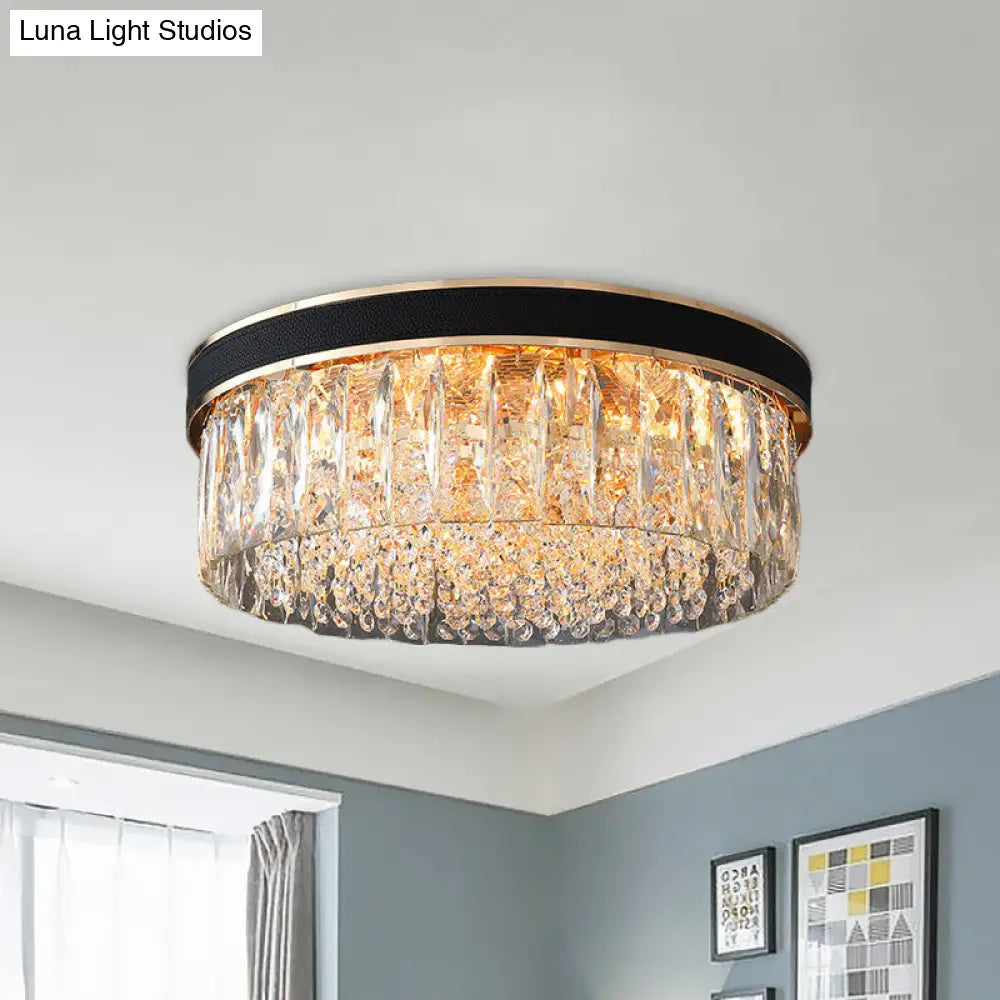 Modern Black Crystal 5-Light Drum Flush Mount For Bedroom Ceiling
