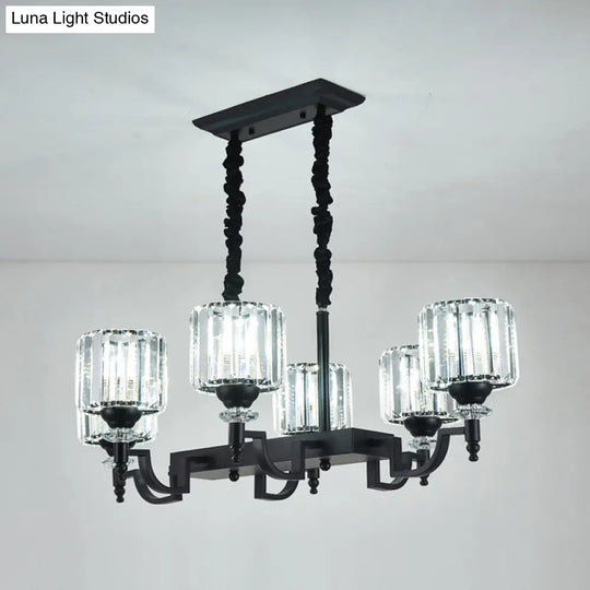 Modern Black Crystal 6-Head Cylinder Dining Room Island Ceiling Suspension Lamp