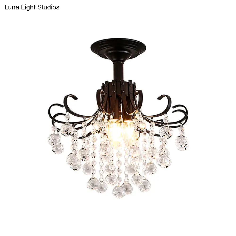 Modern Black Crystal Ball Semi Flush Mount Light With 3 Heads For Bedchamber Ceiling